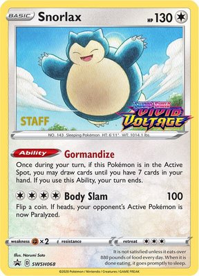Snorlax (Prerelease) [Staff], Sword & Shield Promo Cards